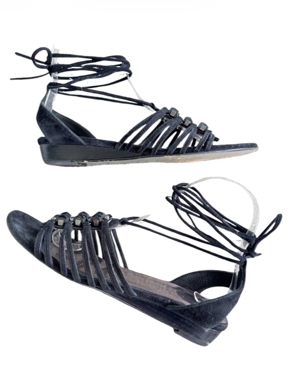 Stuart Weitzman black genuine leather strappy lace up gladiator sandals size 7